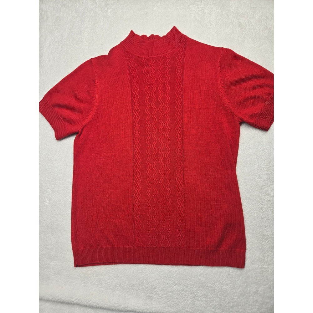 Koret Petite Red Short Sleeve Mock Neck Cable Knit Back Zip Sweater Holiday PM